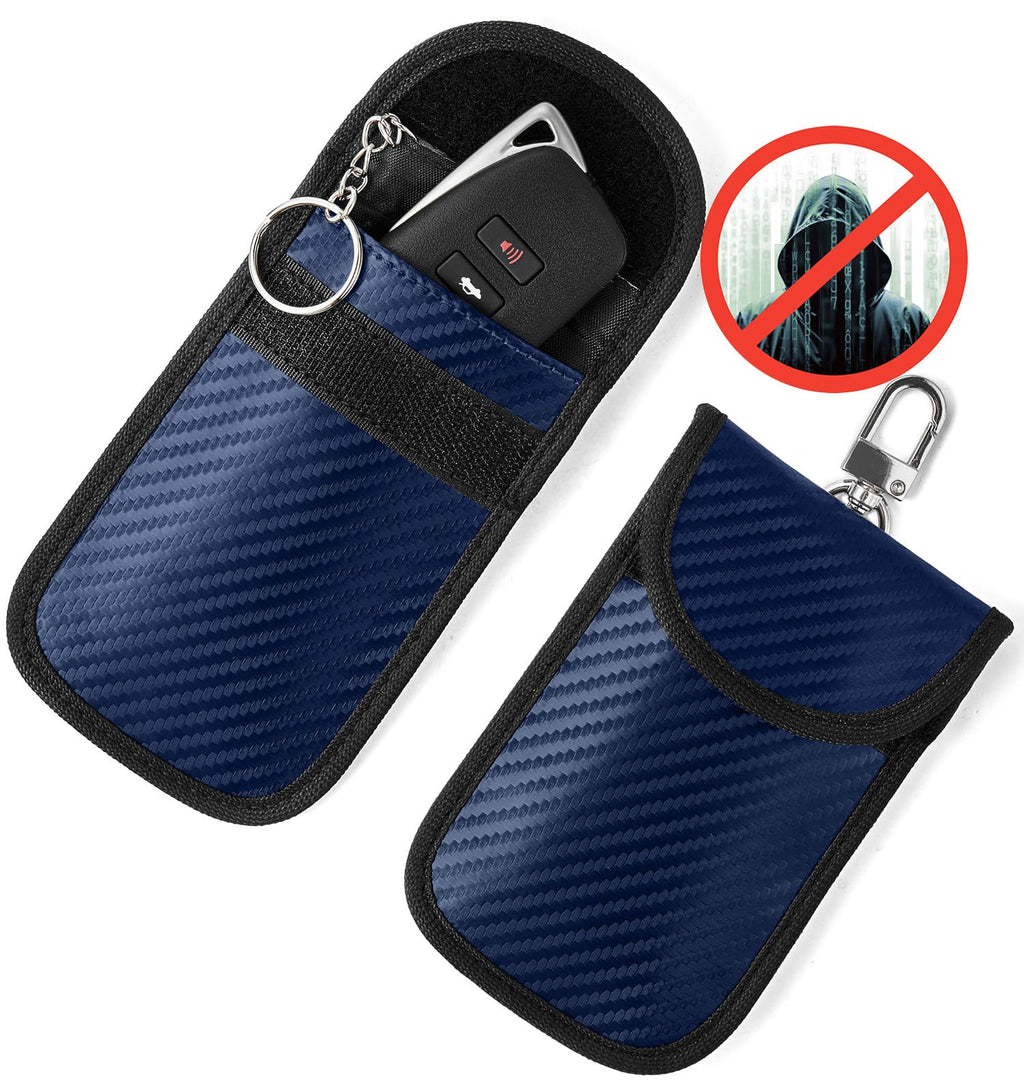 2PK faraday key fob protector，faraday bags for key fob signal blocker，Anti-Theft faraday pouch for Car RFID key Signal Blocking Anti-Hacking Blue (Carbon Fiber)