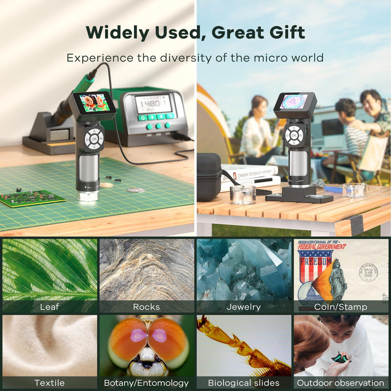 JL112 Handheld Microscope for Kids Adults, Portable Digital Microscope with 2" LCD Screen, 1080P USB Pocket Microscope Camera with 8 LED Lights, PC View, Microscope Slide Kit, 32GB