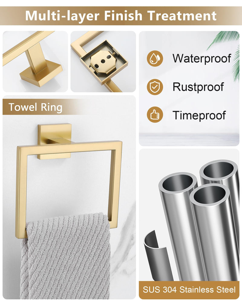 Brushed Gold Bathroom Hardware Set 4 Pieces, Toilet Paper Holder Set SUS304 Stainless Steel Bath Hand Towel Ring for Bathroom Hardware Accessories Set Wall Mounted Brushed Gold