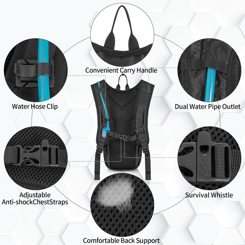 Hydration Backpack with 2L Water Bladder, Lightweight Hydro Pack for Cycling, Running, Hiking, Climbing Black