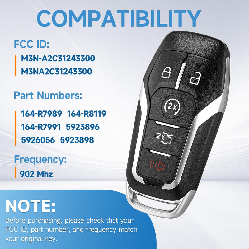 Smart Key Fob Replacement fits for Ford Explorer 2016-2017 Edge Mustang 2015-2017 Fusion 2013-2016 Lincoln MKZ 2013-2016 MKC 2014-2016 MKX 2016-2019 Car Keyless Entry Remote M3N-A2C31243300 902Mhz