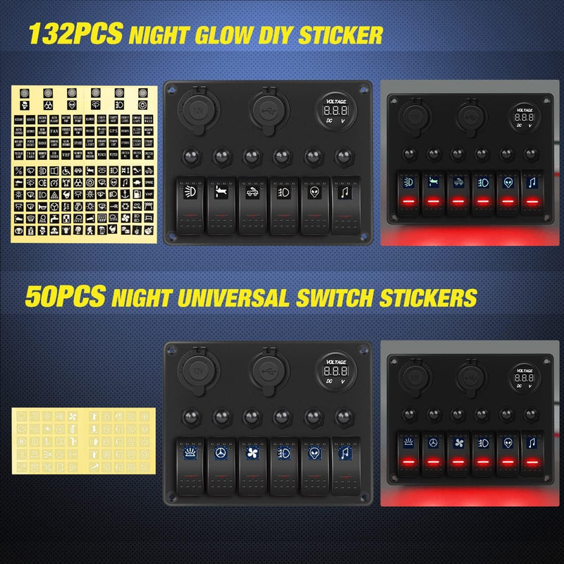 Nilight 6 Gang ON Off Rocker Switch Panel Red Backlit 12V 24V LED Digital Voltmeter 3.1A Dual USB Charger Cigarette Lighter Socket Overload Protection Switch Panel for Cars RVs Boats (90122F)