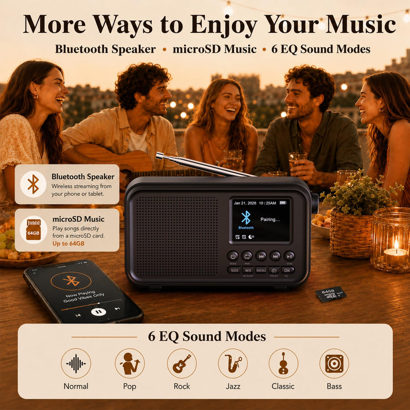 PPLEE Portable FM Radio with Bluetooth, NOAA Weather Alert, Dual Alarms | 2.4" Color Display, USB-C Rechargeable Battery, microSD Music, EQ Sound, FM/WB Radio for Bedroom Office Travel Black