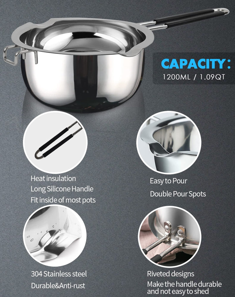 Double Boiler Pot Set,1200ML Double Boiler for Chocolate Melting, 2800ML 304 Stainless Steel Pot With Silicone Spatula for Melting Chocolate, Candy, Candle, Soap, Wax 1200ml+2800ml