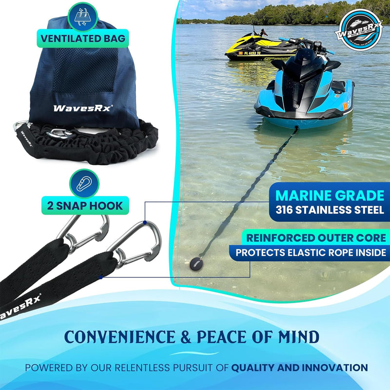 WAVESRX AnchorMate Bungee Line | Boat Bungee Dock Lines for Boats, PWCs & Kayaks | Absorbs Shock from Swells & Wind, Prevents Anchor Dislodging | Perfect for Anchoring, Mooring & Tethering 7-14 BLACK