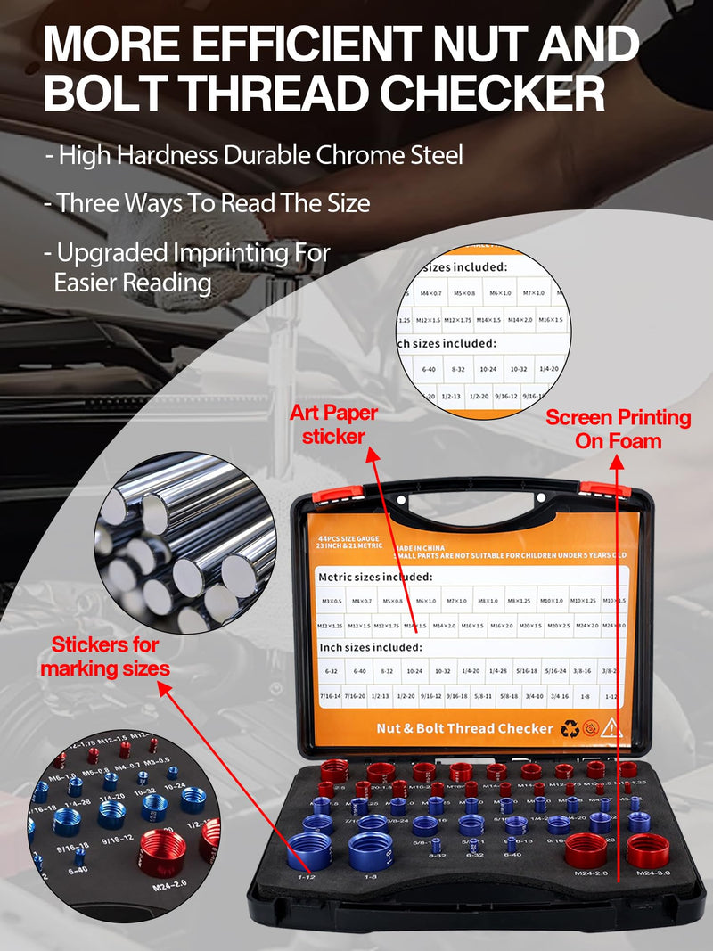 44pcs Nut and Bolt Thread Checker Inch & Metric Bolt and Nut Identifier Gauge Thread Checker Standard and Metric Suitable for Size Checker of Bolts or Nuts in Narrow Areas Black