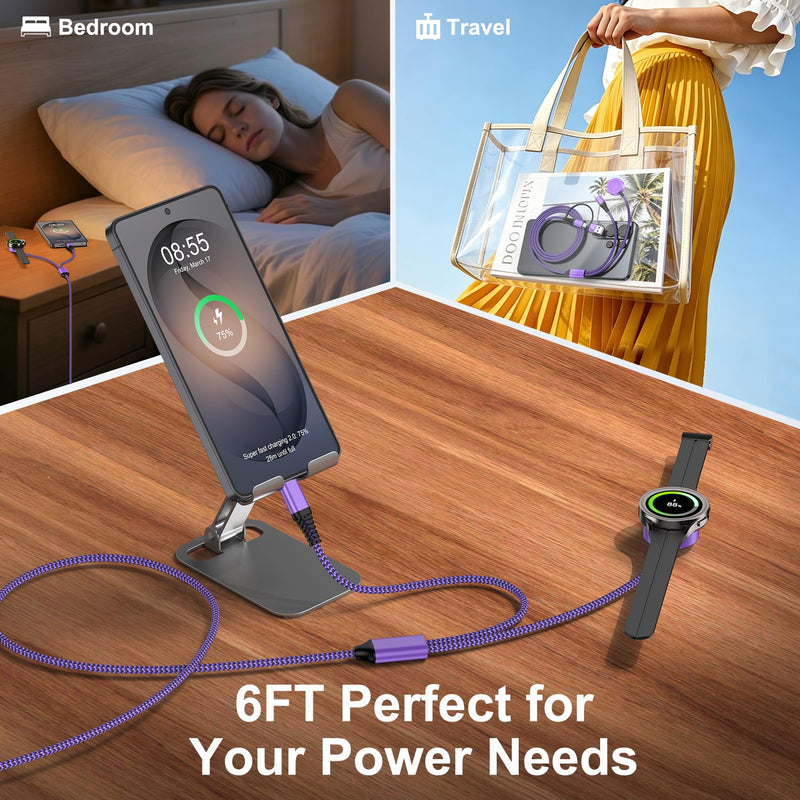 Travel Essentials Magnetic Fast Charger for Samsung Watch Charger 8 Classic | 2in1 USB A & USB C Fast Charging Cable for Samsung Galaxy Watch 8/7/Ultra/6/5 Pro/5/4/4 Classic/3/2/A17/A16/A37/S26/S25/S2 Purple