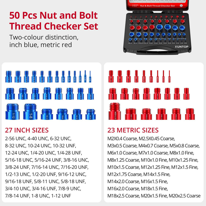 XUNTOP 50PCS Thread Checker 27Standard & 23Metric Nut and Bolt Thread Checker for Screw Measurement Aluminium Alloy Thread Gauge Box Set for Auto Repair DIY in Tricky and Narrow Area
