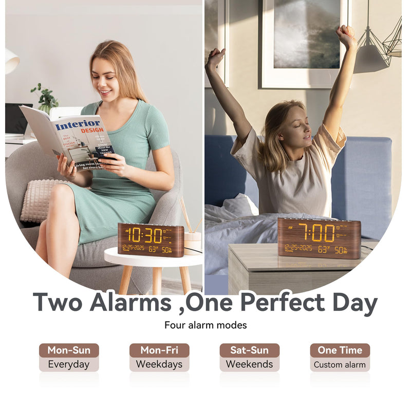 Mesqool Digital Alarm Clock with Dual Alarms, Temperature & Humidity Display, USB & Type-C Charging, 5-Level Brightness for Bedroom & Office
