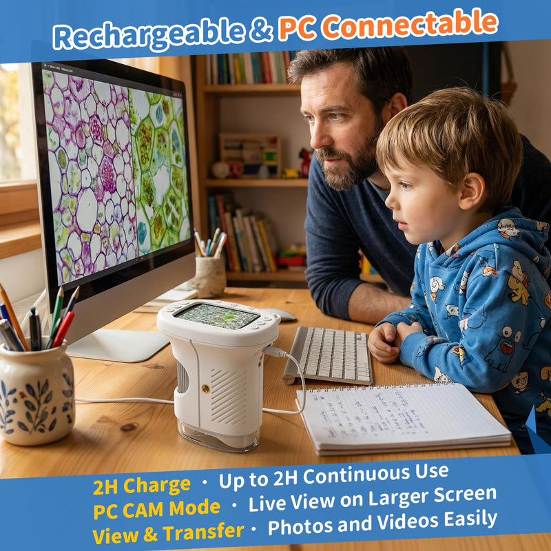 BEBANG Kids Handheld Digital Microscope with 2.4" 4K Screen, Rechargeable Mini Pocket Miniscope Portable Magnifying Glass for Coin Jewelry Edu Science Kit STEM Toy Gift for Boys Girls Age 5-13 (White) White