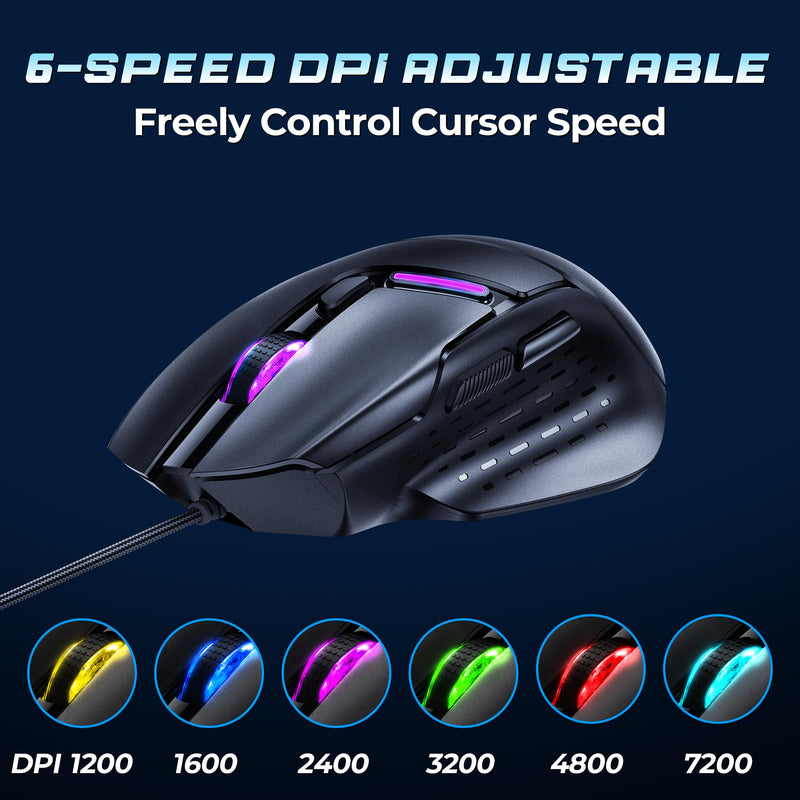 Uineer Wired Gaming Mouse, 7200 DPI, 6 Programmable Buttons, RGB Lighting | 6 programmable buttons, adjustable 7200 DPI, RGB lighting and quiet clicks for work or gaming.
