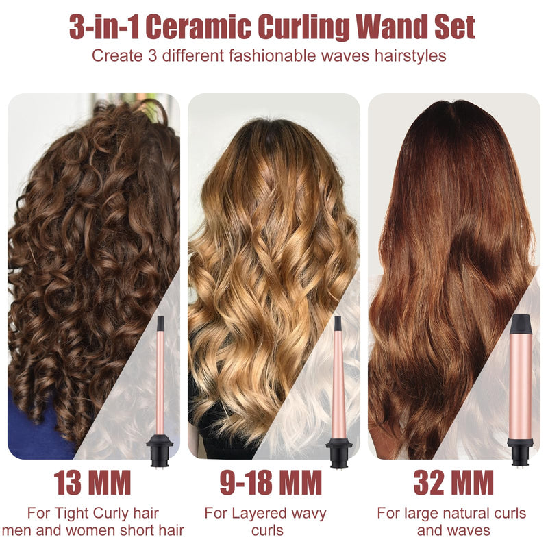 Curling Wand 3 in 1 Hair Curler Ceramic Curling Tongs Iron Set | Long Thick Thin Hair Interchangeable Barrels Beach Waves Styling Tools with Glove Rose Gold hair curler 3 in 1