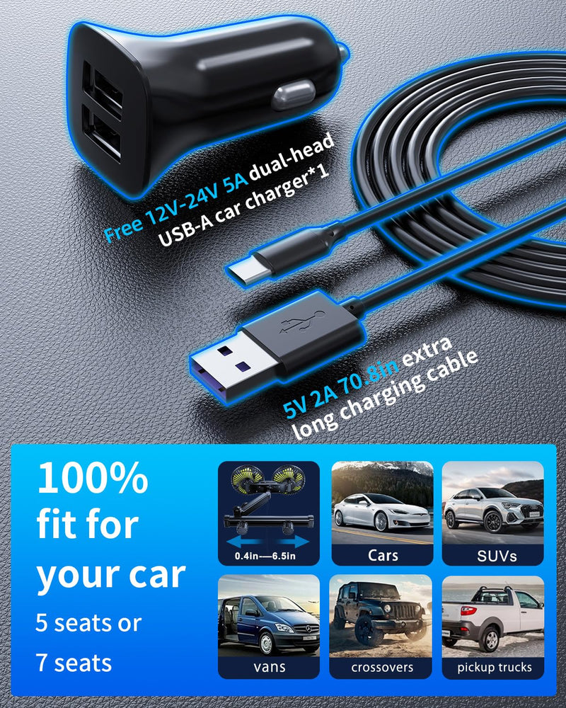 Dual Head Car Fan for Back Seat,Battery Powered Rechargeable Car Backseat Fans for Dog Baby Kids,360° Rotatable Rear Headrest Cooling Fans,Carseat Cooler Fan That Blow Cold Air for Vehicles RV CARFAN-BAT-ARM Graphite