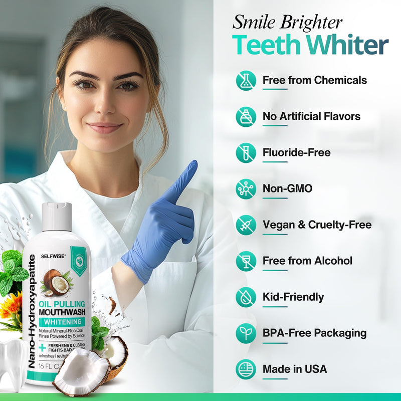Nano-Hydroxyapatite Oil Pulling Whitening Mouthwash for Teeth and Gums, Natural & Organic, Whitens Teeth, Strengthens Enamel, Fights Bad Breath & Plaque – Smooth & Non-Greasy – for Adults - 16oz Coconut Mint 16 Ounce