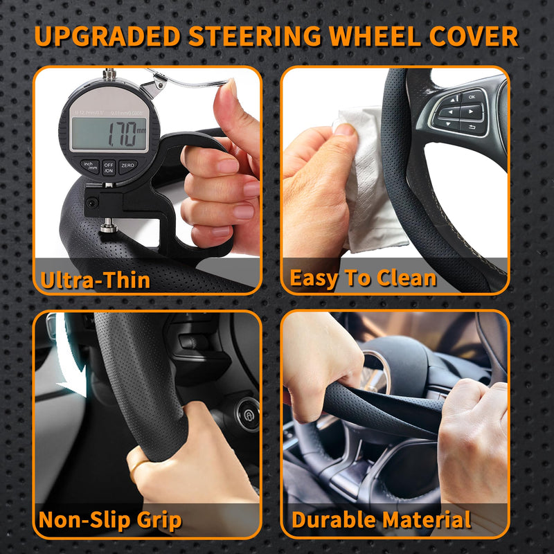 Nappa Leather Steering Wheel Cover, Universal 15 Inch Snap On Car Steering Wheel Cover for Men/Women, Comfortable & Breathable Microfiber Car Accessories Interior (Black) Black