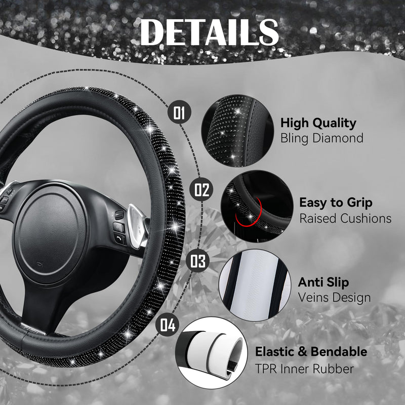 CAR PASS Bling Diamond Leather Steering Wheel Cover, With Sparkly Crystal Glitter Rhinestones Universal Fit 14"1/2-15" Car Wheel Protector for Women Girl Fit Suvs,Vans,Sedans,Car,Trucks, Black Diamond Black Diamond on Velvet
