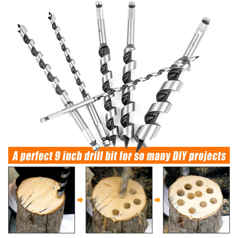 6Pcs 9-Inch Long Auger Drill Bit Set for Wood,1/4",3/8",1/2",5/8",3/4",1" Inch Hex Shank Ship Auger Drill Bit Set for Soft and Hard Wood, Plastic, Drywall and Composite Materials 6Pcs -1/4" to 1" 9 Inch Long