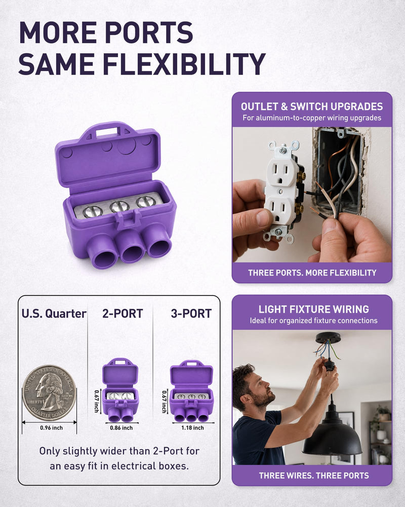 3-Port Aluminum-to-Copper Wire Connectors, 10 Pack Screw Terminal Electrical Wire Connectors, Pre-Filled with Oxide Inhibitor for Solid & Stranded Wires, Residential & Industrial Wiring