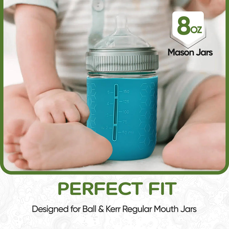 Silicone Mason Jar Sleeves | Anti-Slip Protectors for 8 oz Regular Mouth Ball & Kerr Jelly Canning Jars | Kids Cup Holders with Measurement Markings | Dishwasher Safe Jar Jackets - 5 Pack Gender Neutral Combo