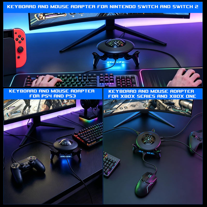 Keyboard and Mouse Adapter for Nintendo Switch/Switch 2/Xbox Series/Xbox One/PS4/PS3, Gaming Console Converter with RGB Lights, Supports Custom Keys, Sensitivity Settings, Play FPS, TPS, RPG, RTS Game