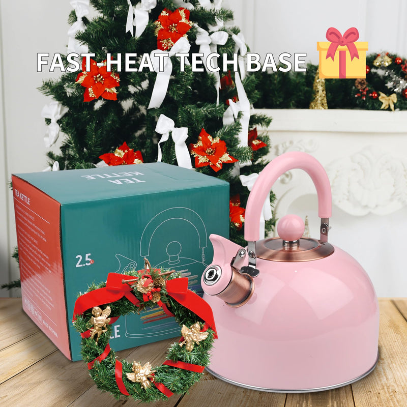 2.6 Quart Pink Whistling Tea Kettle for Stovetop, Stainless Steel Teapot with Cool-Touch Handle, Loud Whistle, Wide Base, Induction Compatible for Gas Electric Glass Cooktops