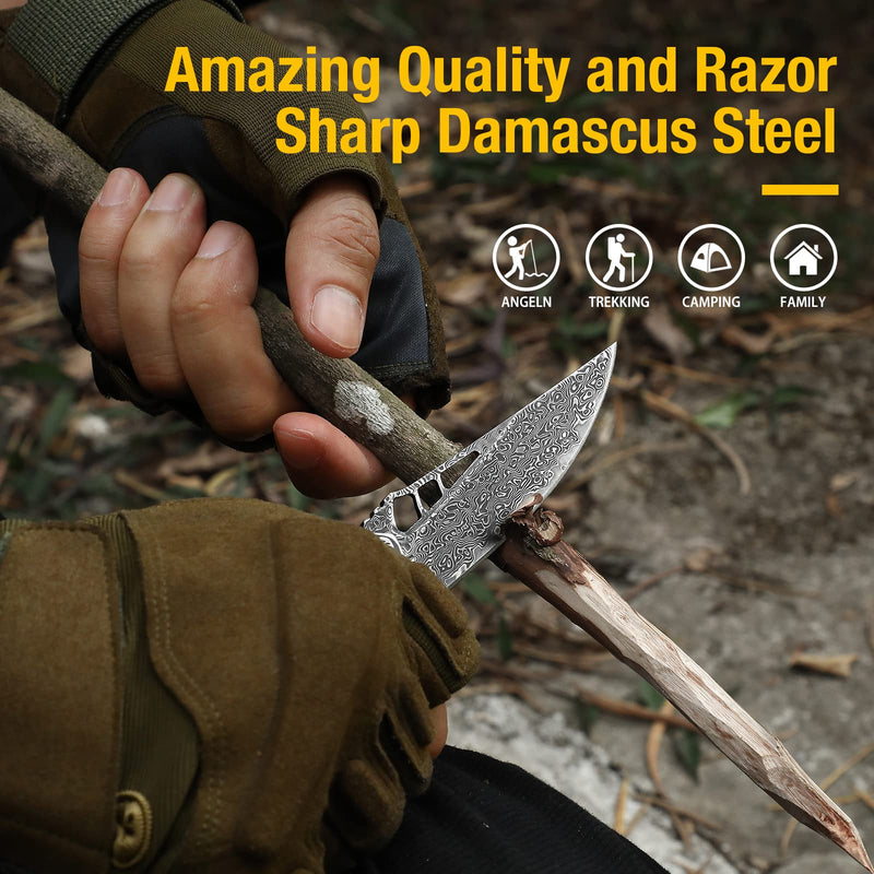 DRACHENADER Damascus Pocket Knife for Men with Clip and Leather Sheath, Handcrafted 67-Layer Damascus Steel Folding knife, Wood Handle, Ideal Gift for Father & Collector 3.4"