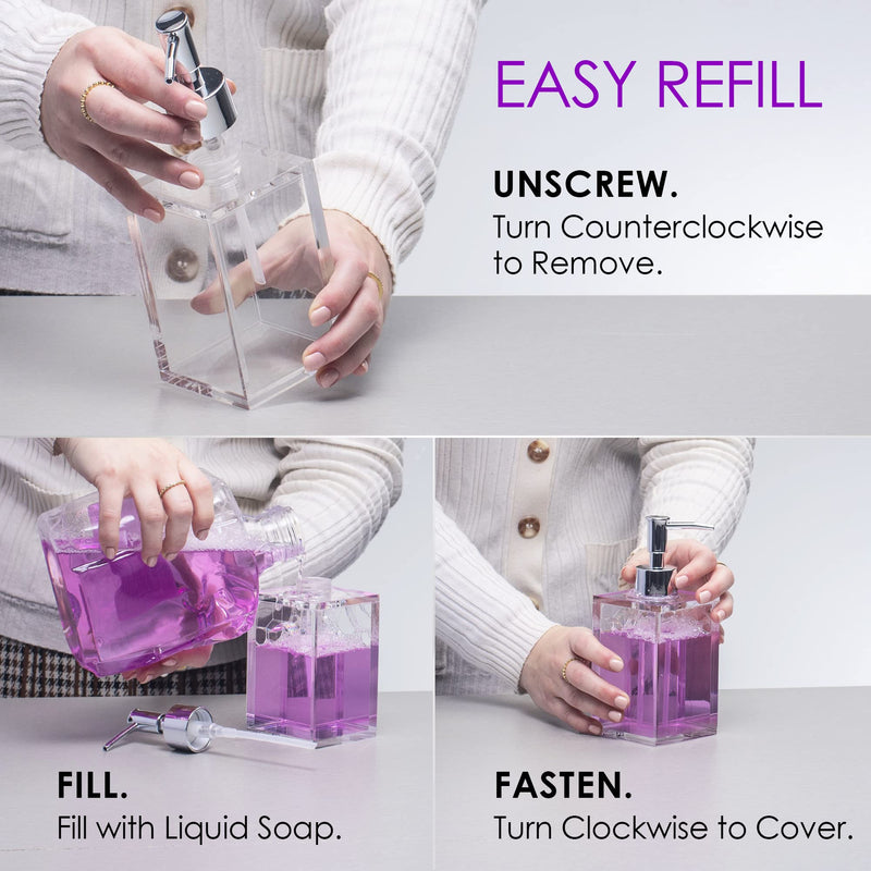 Clear Acrylic Refillable Liquid Hand Soap Dispenser with Rust Proof Stainless Steel Pump, Modern Square Bathroom Vanity Soap Dispenser | 12 oz, 1 Pack Clear 1 Pack / Soap Dispenser