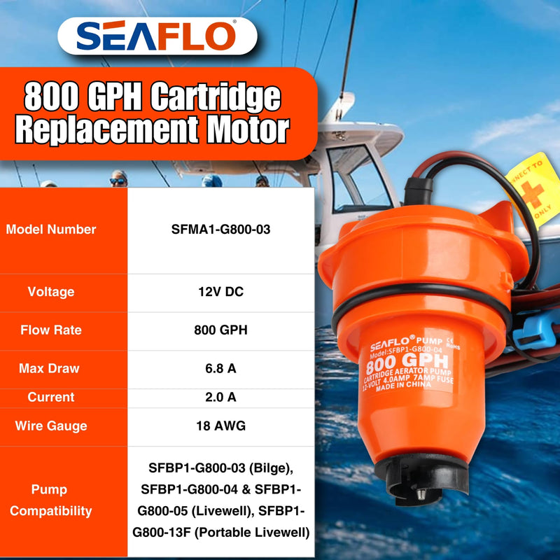 SEAFLO 12V 800 GPH Bilge/Livewell/Baitwell Pump Replacement Cartridge Motor – Fits SEAFLO Models: SFBP1-G800-03, SFBP1-G800-04 & SFBP1-G800-05, Quick-Click Installation, 4-Year Warranty Replacement Motor Cartridge