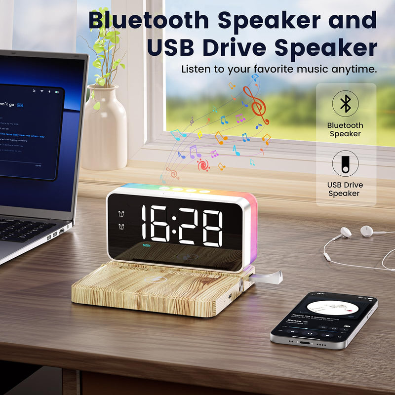 Bedroom Alarm Clock for Heavy Sleepers - 5 in 1 Magnetic 10W Wireless Charger with White Noise Bluetooth Speaker RGB Light Dual Alarm (Woodgrain)