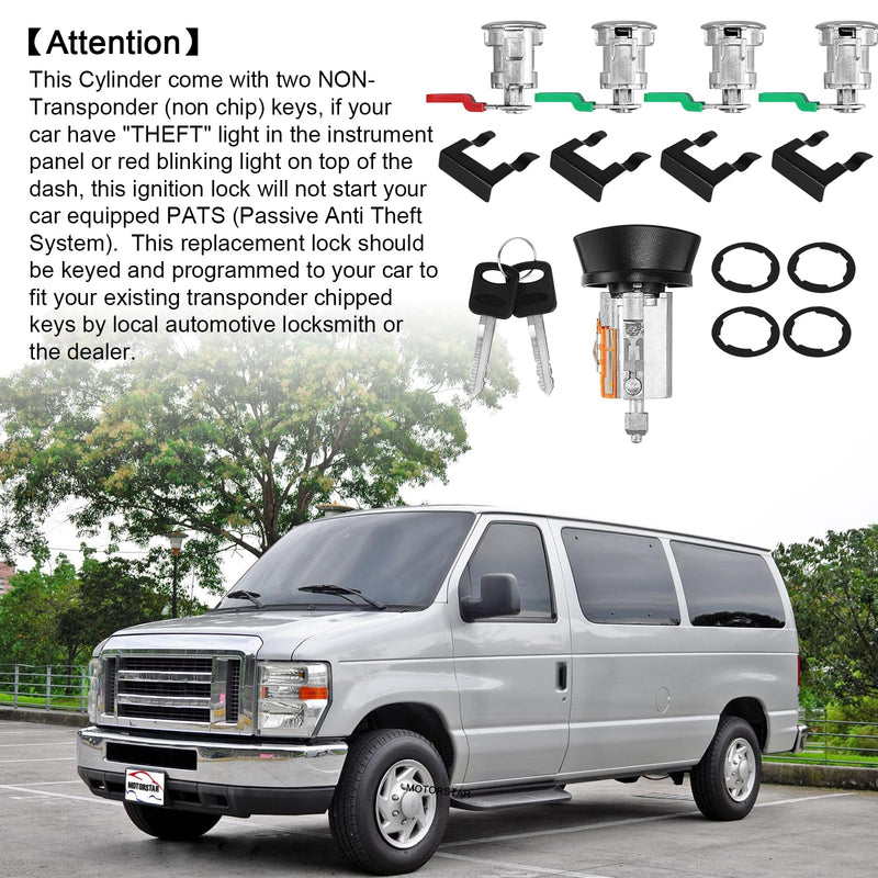 For 1997-2006 Ford Econoline, E-150 E-250 E-350 Vans Ignition Switch Lock Cylinder +4 Chrome Door Lock Cylinder Tumbler Set With 4 Clips With 2 Keys LC6177+703369 X4+597638 X2 (No Chip) LC6177+703369 X4+597638 X2 (No Chip)