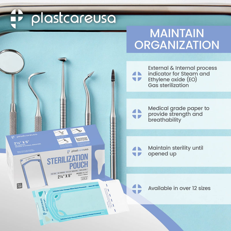 1000 2.25 x 4 Inch Self Sterilization Autoclave Pouches for Cleaning Tools, Sterilizer Bags for Dental Offices, Pouch for Dentist Tools, 5 Boxes of 200 1000