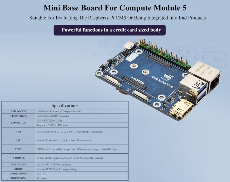 Mini Base Board (B) Compatible with Raspberry Pi Compute Module 5, Onboard EEPROM and Encryption Chip, Compact Design with 4xUSB, Color-Coded 40PIN GPIO Header, 2xMIPI, M.2 M Key PCIe Interfaces,etc