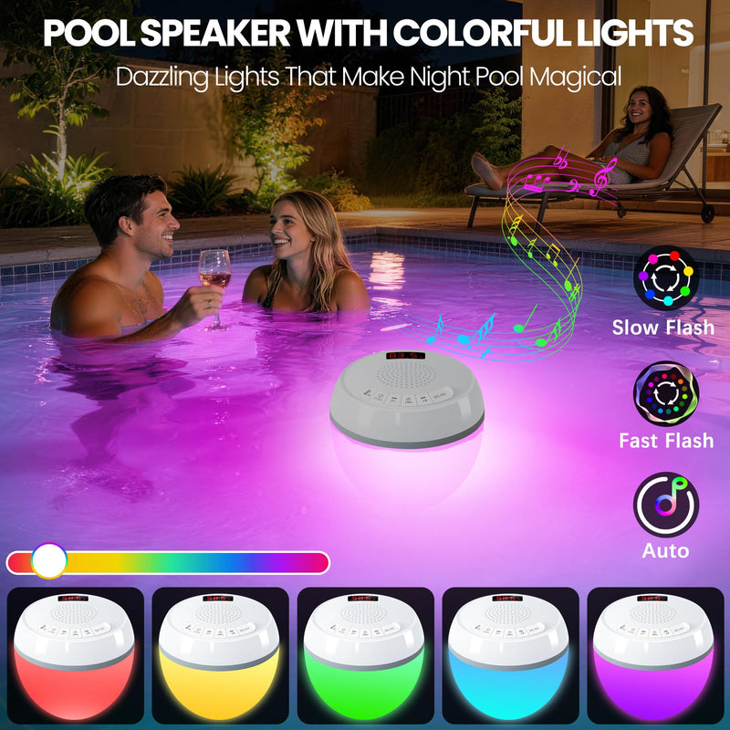AearKing 3in1 Floating Pool Speaker with Digital Pool Thermometer & Lights | RGB Lights, TWS, IP68 Waterproof, Bluetooth 5.0, 360° Surround Sound, LCD Temperature Display, ABS,USB Charging White