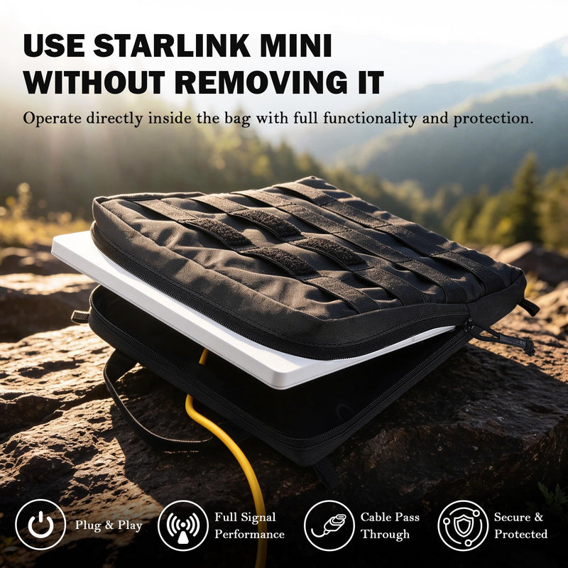 Starlink Mini Adventure Bag, MOLLE Carrying Case for Camping and Travel | Front MOLLE storage and a rear mounting panel let you carry and mount Starlink Mini for camping, RV and overlanding.