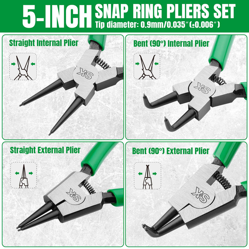 SK 4-Piece Snap Ring Pliers Set, 5-Inch Internal/External Circlip Pliers with Straight/Bent Jaw, 0.035'' Precision Tip Diameter, Premium CR-V Steel, with Zipper Pouch