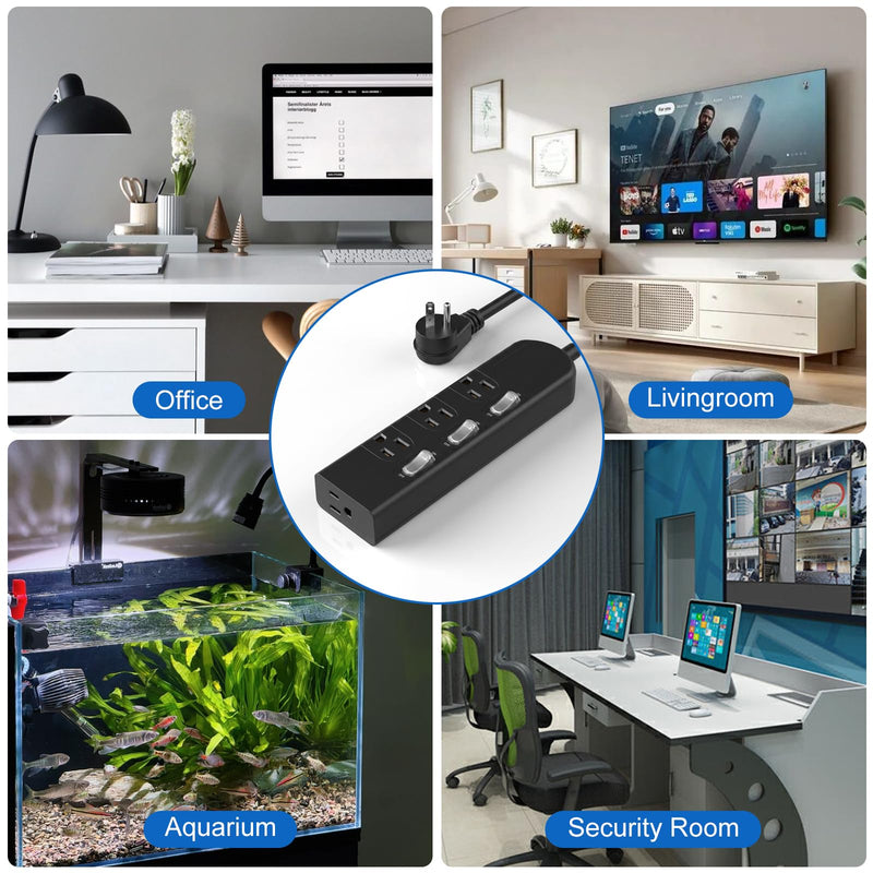 Small Power Strip with Individual Switches, 3FT Extension Cord | 3 Switched Outlets with LED and 1 Always-On, Wide-Spaced, Mountable for Aquarium, 1500W/12A, Flat Plug, Black