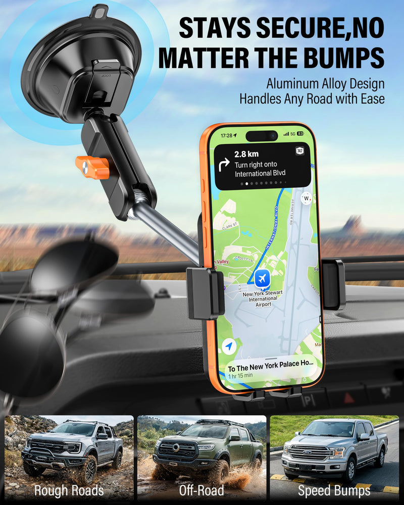 A2C 12" Anti-Shake Metal Arm Windshield Phone Mount, Suction Phone Mount | Heavy-Duty Vacuum Dual Suction Cup, One-Hand Release, 360° Rotation, for iPhone & Most Smartphones, Fits Car, Truck & Pickup Extended