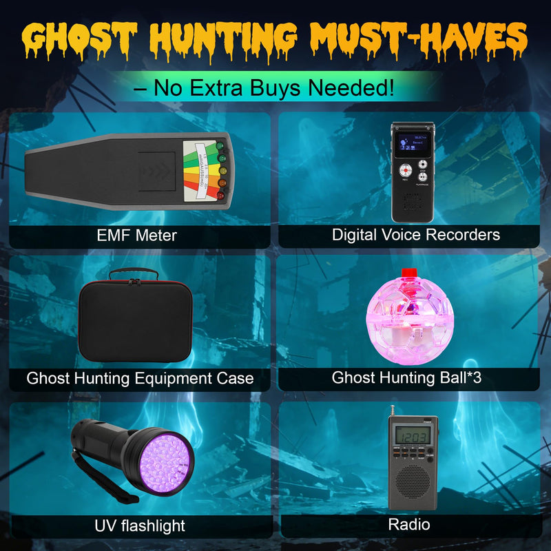 Ghost Hunting Equipment Kit Include EMF Meter,Spirit Box,EVP Recorder,UV Flashlight,3 LED Light up Cat Balls & Carrying Case,Advanced Ghost Kit Advanced Ghost Kit
