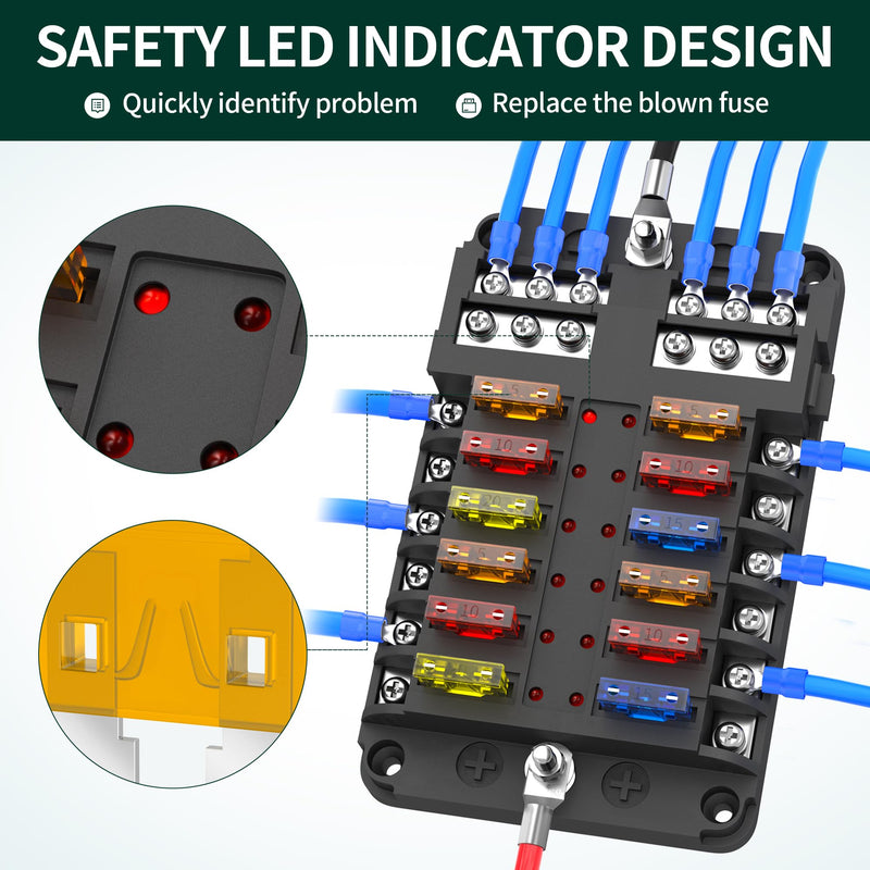 DaierTek 12 Way Fuse Block, 12 Volt Blade Fuse Block with LED Indicator 12 Circuit Fuse Box 12V ATO/ATC Marine Fuse Panel 24V with Waterproof Cover Fuse Terminals for Automotive Boat Car RV