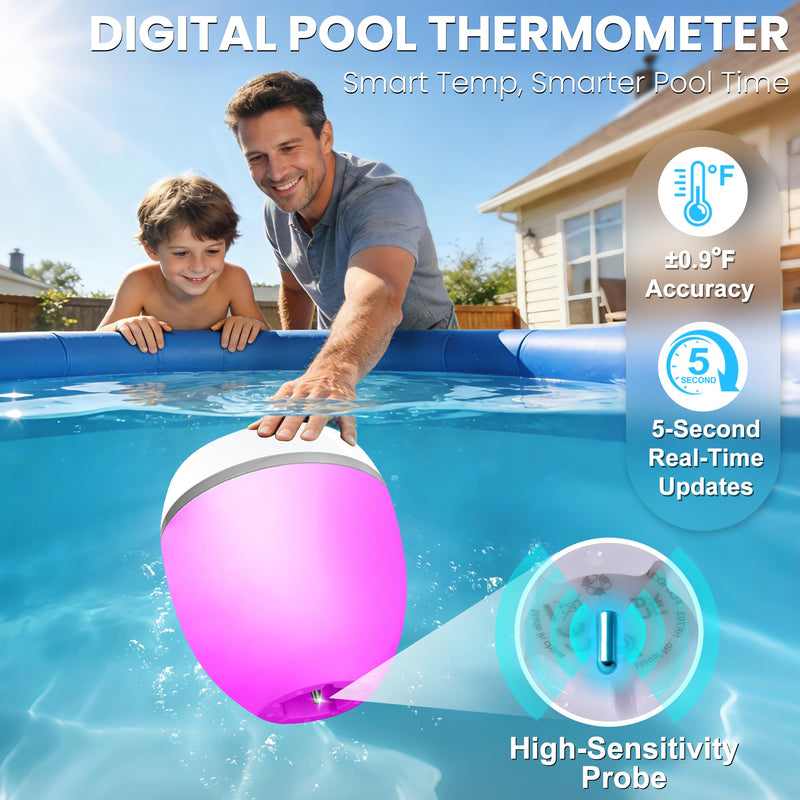 AearKing 3in1 Floating Pool Speaker with Digital Pool Thermometer & Lights | RGB Lights, TWS, IP68 Waterproof, Bluetooth 5.0, 360° Surround Sound, LCD Temperature Display, ABS,USB Charging White