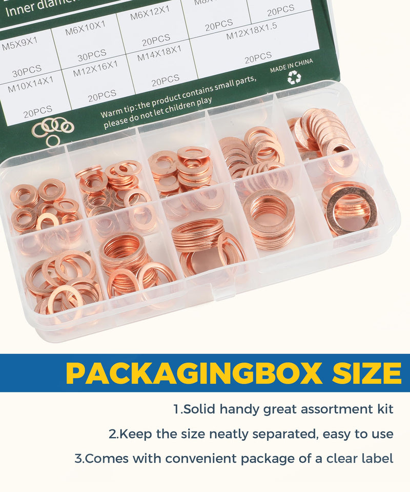 200PCS Crush Washer,Crush Washer Oil Drain Plug,Car Accessories Crush Washer Assortment,M5 M6 M8 M10 M12 M14 Metric Copper Washers,Oil Drain Plug Crush Washer,Suitable for Most Vehicles