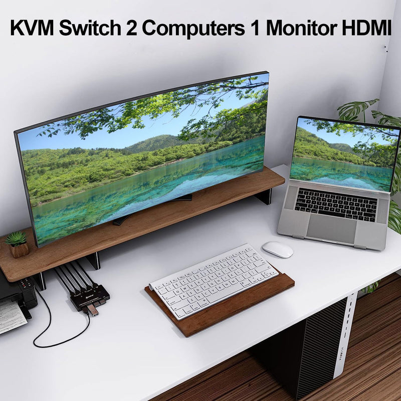 KCEVE HDMI KVM Switch 2 Computer 1 Monitor 8K@60Hz, KVM Switch HDMI 2 Port with 3 USB3.0, Wired Remote, Power Adapter and USB Cables 8K HDMI KVM 2 PC 1 Monitor