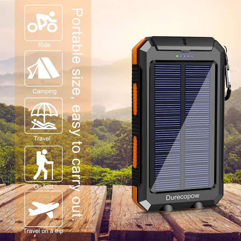 Solar Charger, 20000mAh Portable Outdoor Waterproof Solar Power Bank, Camping External Backup Battery Pack Dual 5V USB Ports Output, 2 Led Light Flashlight with Compass (Orange) Orange