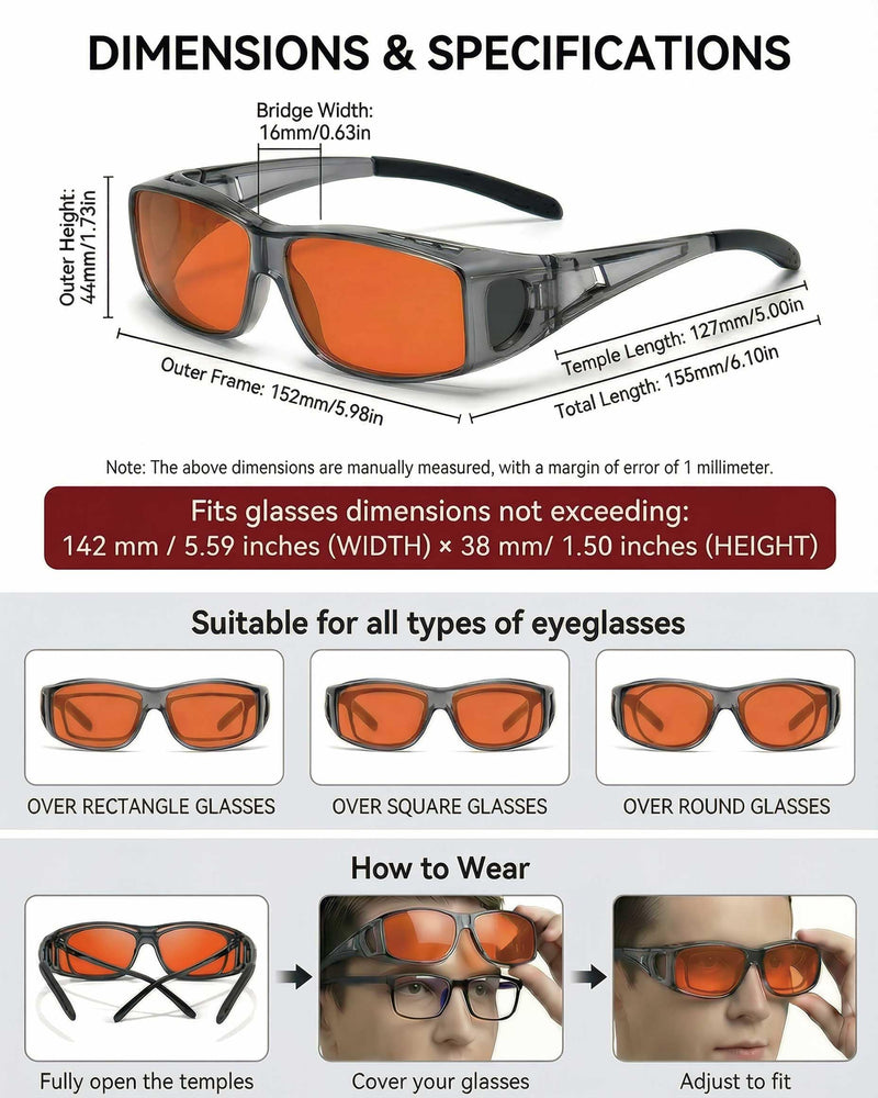 OptiCraft High Tech Blue Light Blocking Glasses Wear Over Prescription | Computer Gaming Glasses, Reduce Eye Strain, Better Sleep, Lightweight Amber-Tint Lenses, UV Protection & Block 380-500nm Rays A02 Grey / Orange