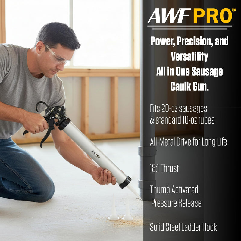 AWF PRO Sausage Caulking Gun, 20 oz Foil Pack and 10 oz Cartridge Convertible, 18:1 Thrust Ratio, Aluminum Barrel, Includes 3 Tips 1