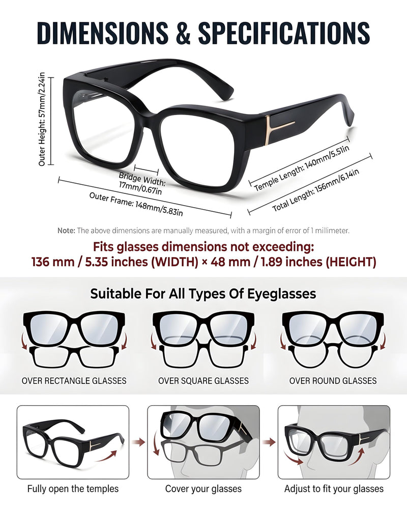 OptiCraft Fit Over Blue Light Blocking Glasses, Relieve Eye Fatigue | Reduce Headaches, Lightweight Oversized Wraparound Design, Ideal for Office Work Digital Use Movie Nights Study Reading A02 Black/Clear Clear
