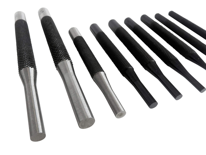 Taytools 466125 18 Piece Roll Pin Punch Set with 8 Inch Long and 4 Inch Short Pins, Includes Sizes 1/16 Through 3/8 Inch, Automatic Center Punch in Canvas Storage Pouch