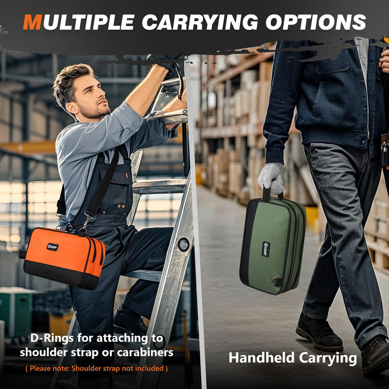 12" Small Tool Bag 2 Pack, Zipper Tool Pouch 2 Compartments, Utility ToolBag with Carrying Handle, Toolbox Organization, Screwdriver Storage Tool Box, Electrician Mechanic Men Dad Gifts, Orange/Green 12" x 7" Orange/Green 2Pack