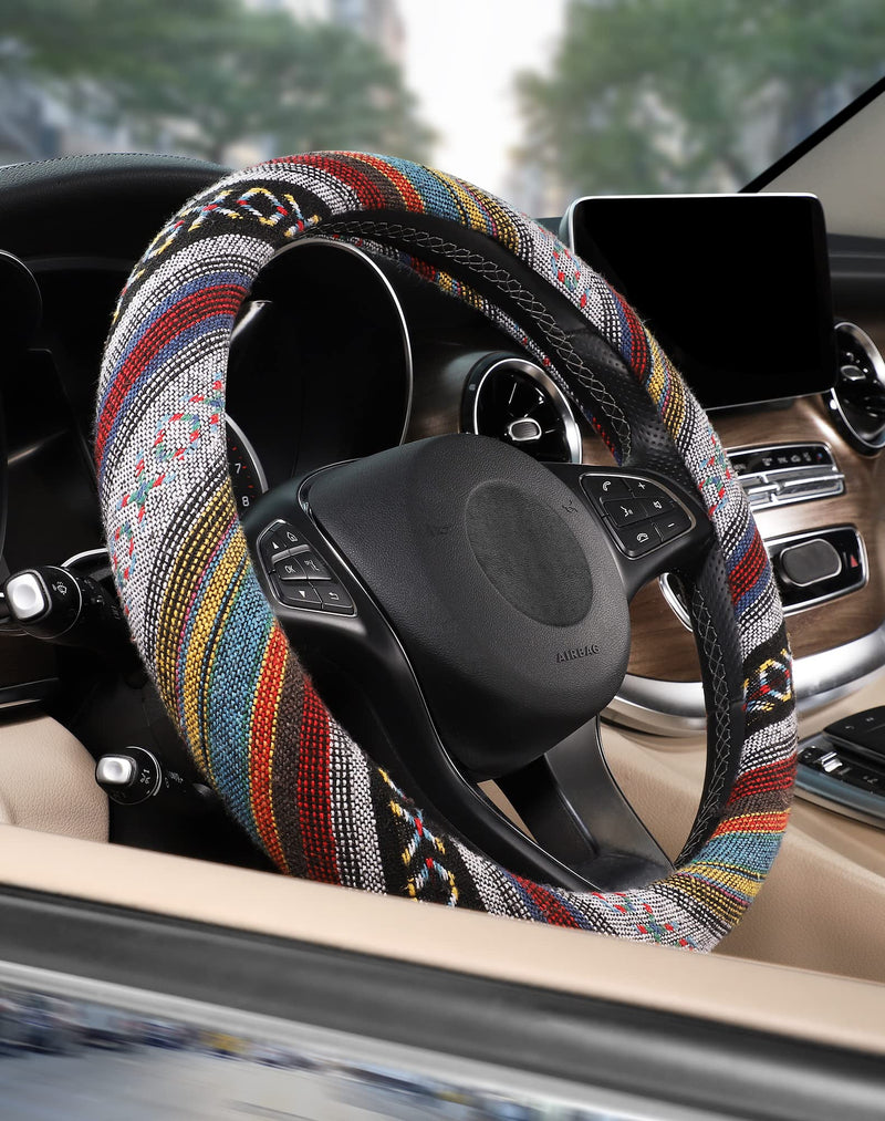 SEG Direct Boho Steering Wheel Cover with Baja Blanket Cloth, Ethnic Style Auto Wheel Cover Made of Coarse Flax, Fits 14 1/2-15 1/4 inches Car Wheel Spinning Rainbow
