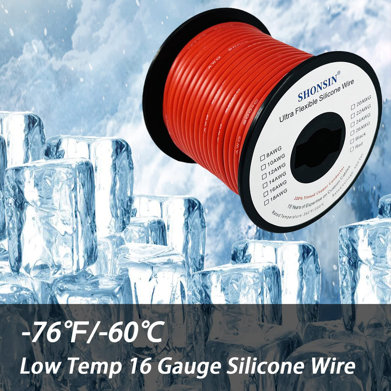 Shonsin 16 Gauge Flexible Silicone Wire 100FT Red 16 AWG Stranded Automotive Wire 252 Strands 0.08mm Tinned Copper Conductor (1.27mm2) Rating 392℉ 600V